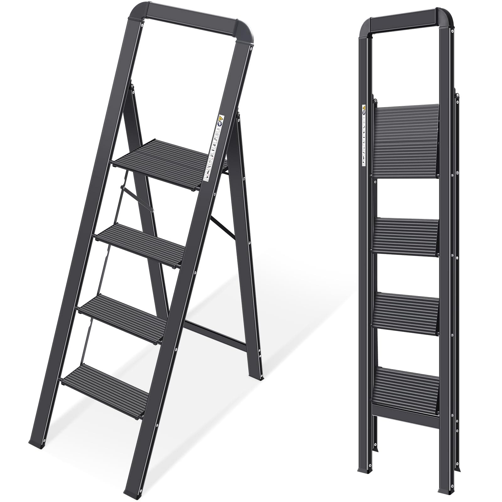 Aluminium 4 Step Ladder, Lightweight Step Stool with Non-Slip Pedals, Handrail, Foldable Step Ladder for Kitchen, Garage, Home, Space Saving, Sturdy and Portable, Black
