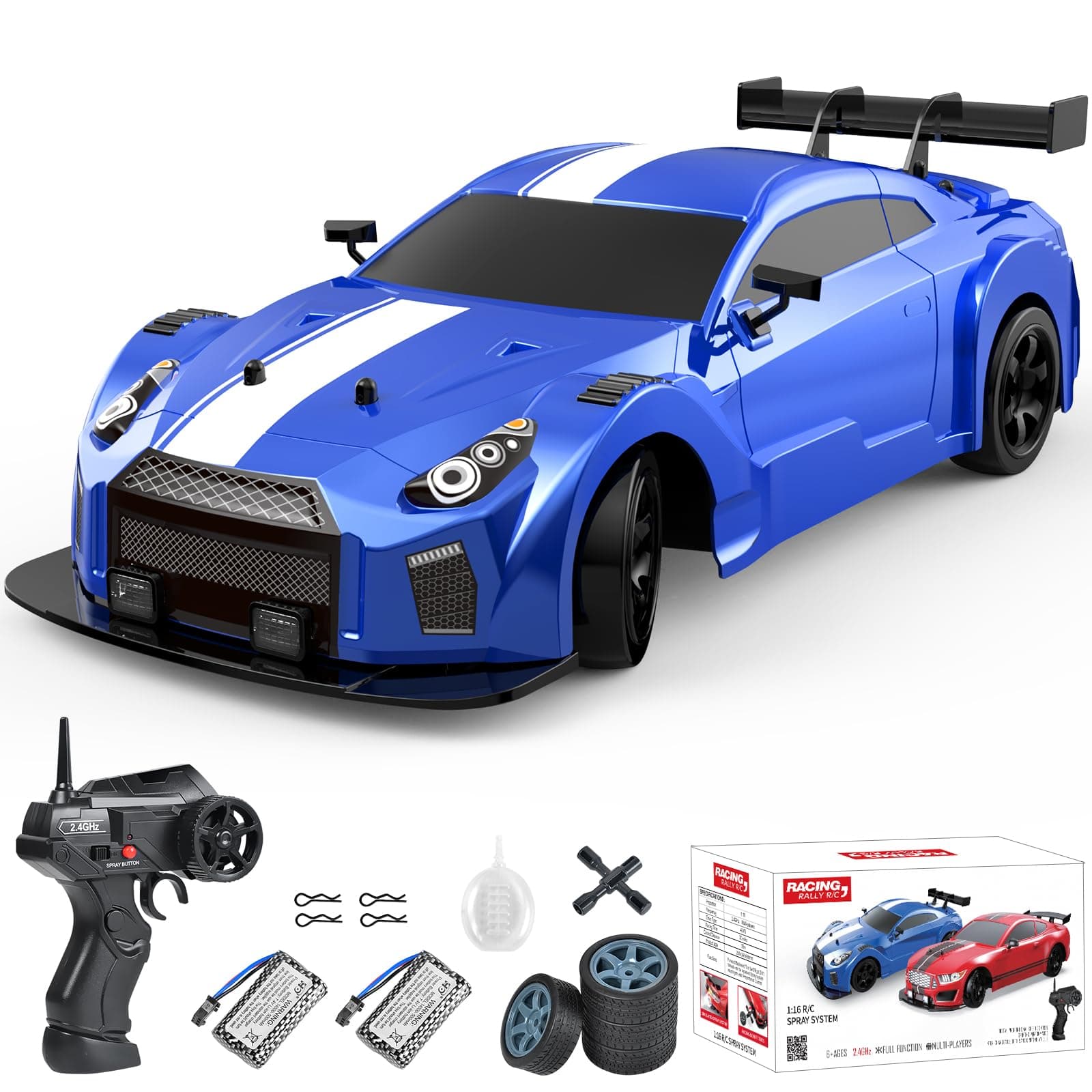 RC Drift Car 1/16 Scale Remote Control Car 2.4GHz 4WD High Speed 18+KM/H Vehicle with LED Lights and Spray, Extra Drifting Tires Racing Vehicle Toys Birthday Gifts for Adults Boys, 2 Batteries