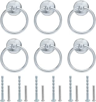 6Pcs Chrome Ring Handle Knobs Round Ring Drawer Pulls for Cabinet Drawer Dresser Cupboard Wardrobe, Single Hole