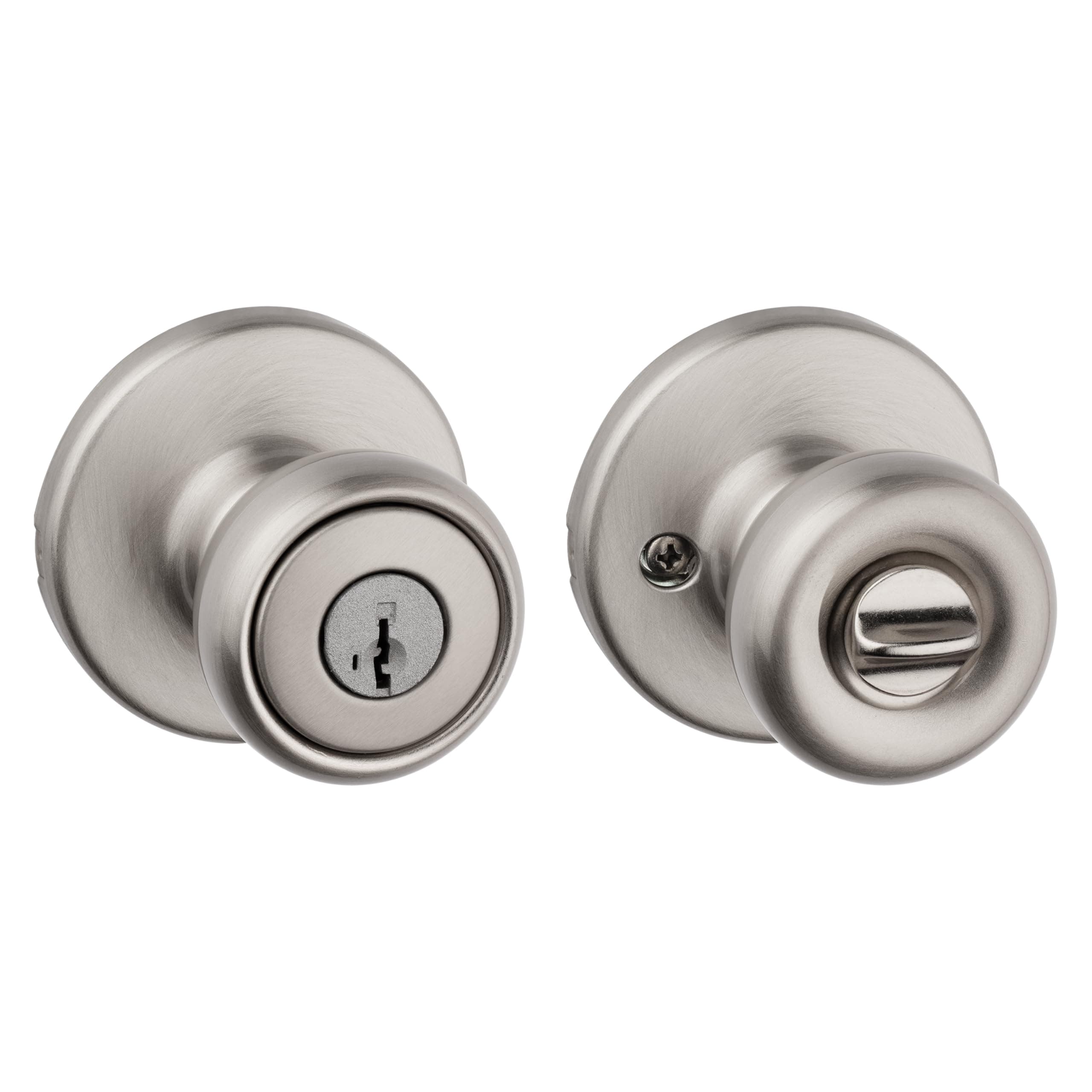 Kwikset Tylo Entry Door Knob with Lock and Key, Secure Keyed Handle Exterior, Front Entrance and Bedroom, Satin Nickel, Pick Resistant SmartKey Rekey Security and Microban