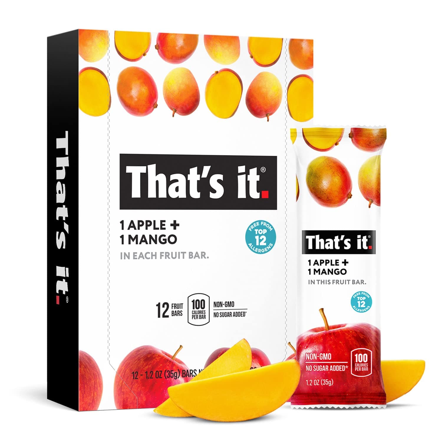 - That's it. Apple + Mango 100% Natural Real Fruit Bar, Best High Fiber Vegan, Gluten Free Healthy Snack, Paleo for Children & Adults, Non GMO No Sugar Added, No Preservatives Energy Food (12 Pack)