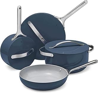 Nonstick Ceramic Cookware Set (12 Piece) Pots, Pans, Lids and Kitchen Storage - Non Toxic, PTFE & PFOA Free - Oven Safe & Compatible with All Stovetops (Gas, Electric & Induction) - Navy