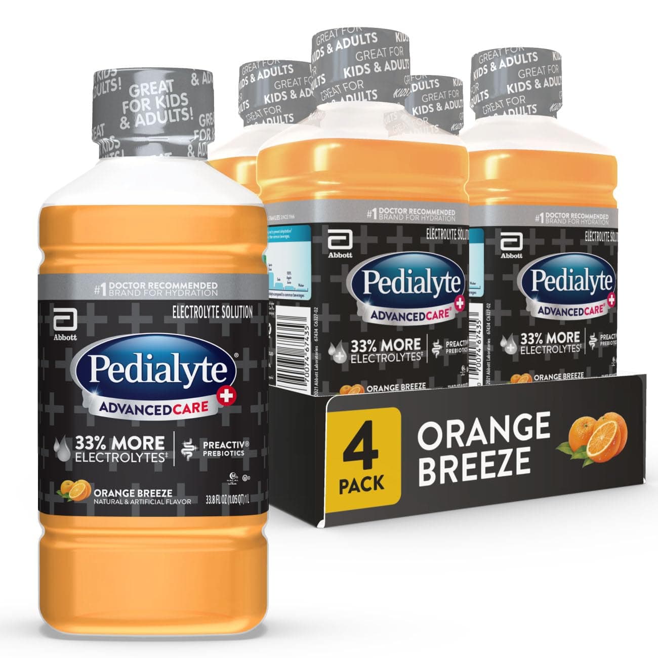 Pedialyte AdvancedCare Plus Electrolyte Hydration Drink, Has 33% More Electrolytes and Has PreActiv Prebiotics, Orange Breeze, 1 Liter, Pack of 4