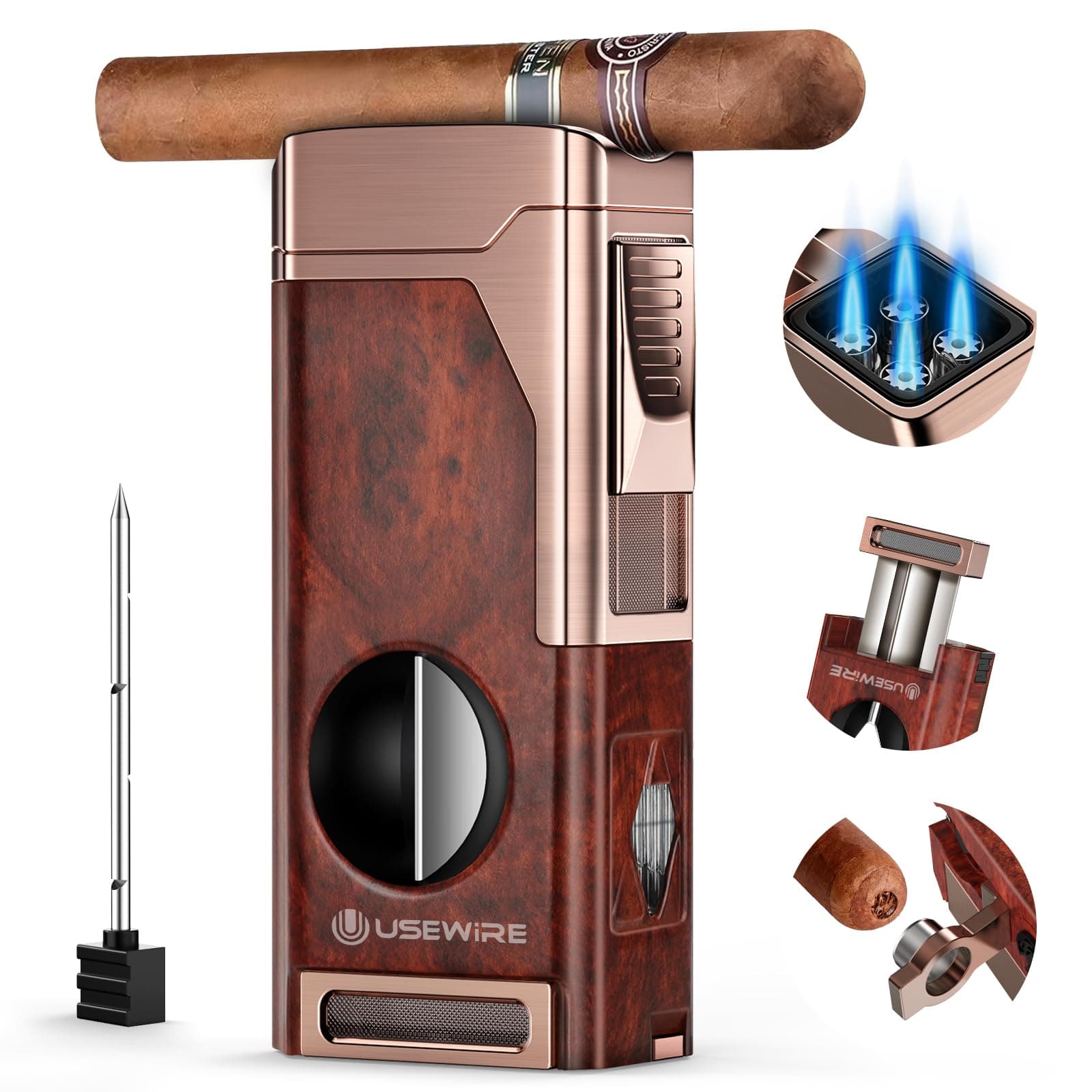 Cigar Lighter, Multifunctional Lighter with V-Cigar Cutter, Cigar Holder, Cigar Punch and Cigar Draw Enhancer, Fillable Butane Torch Lighter, Multi-Purpose Cigar Accessory, Cigar Gifts