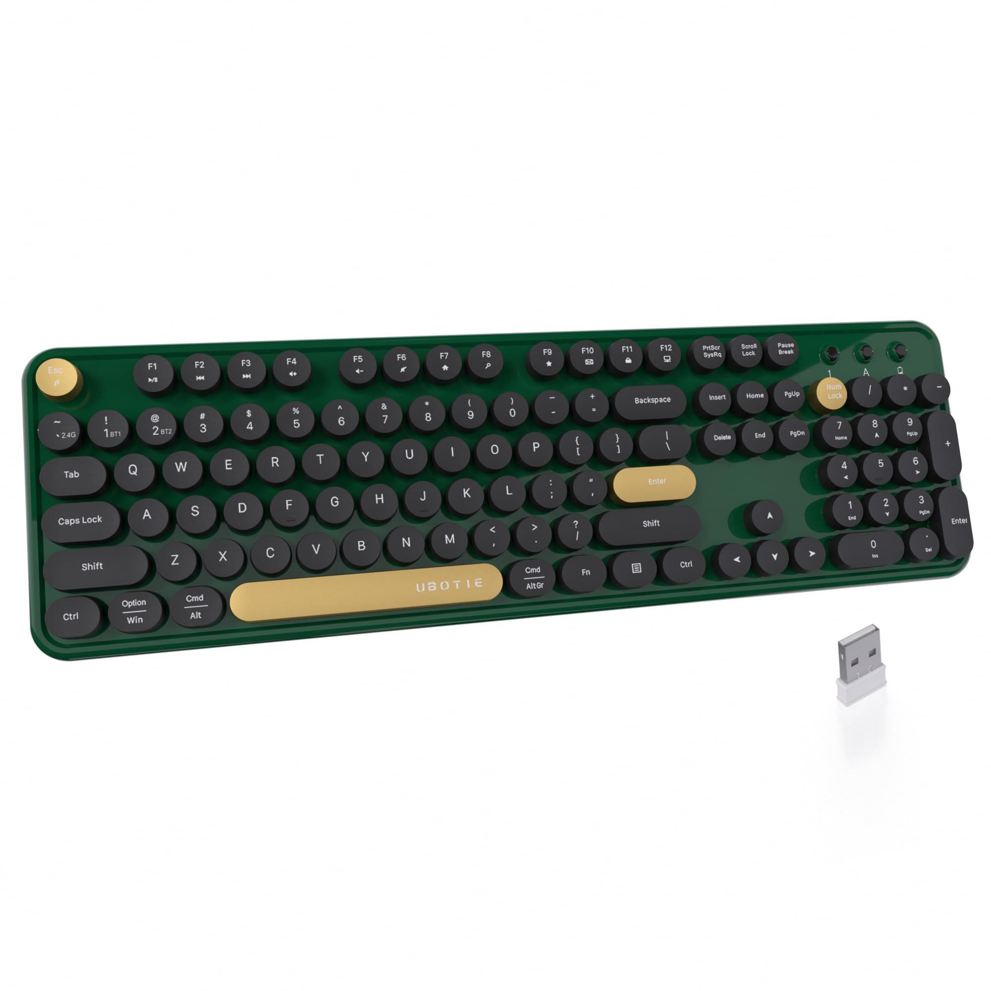 Dual Mode Colorful Wireless Keyboard, Bluetooth and USB Receiver Retro Typewriter Round Keycaps Keyboard Support Multi Devices for PC Laptop Tablet Phones(Dark-Green)