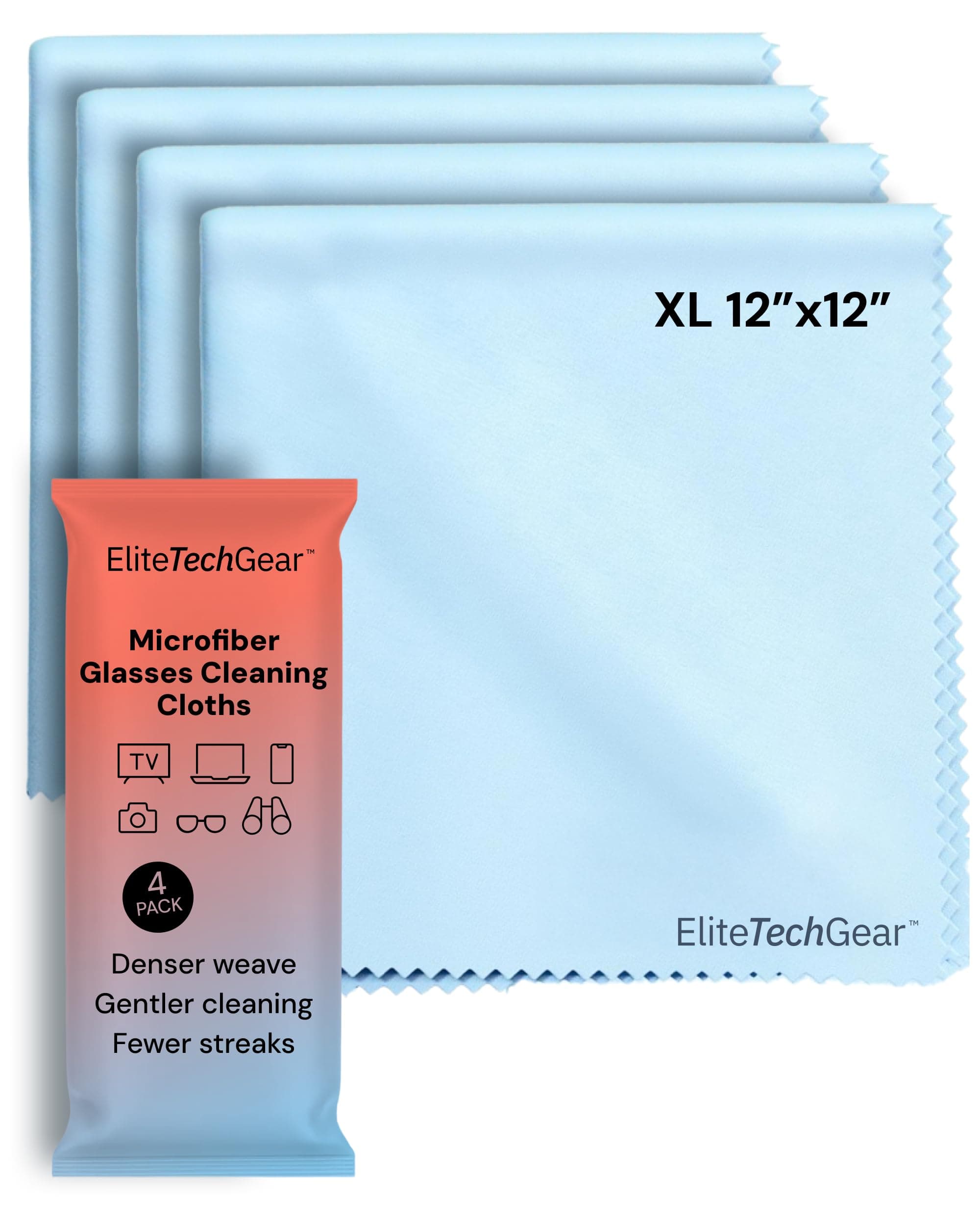 Elite Screens Microfiber Cleaning Cloth - 12" x 12", 4-Pack, Blue - Oversized Screen Cleaning Cloth - Streak-Free Glasses Wipes - Scratch-Resistant Lens Wipes for Eyeglasses