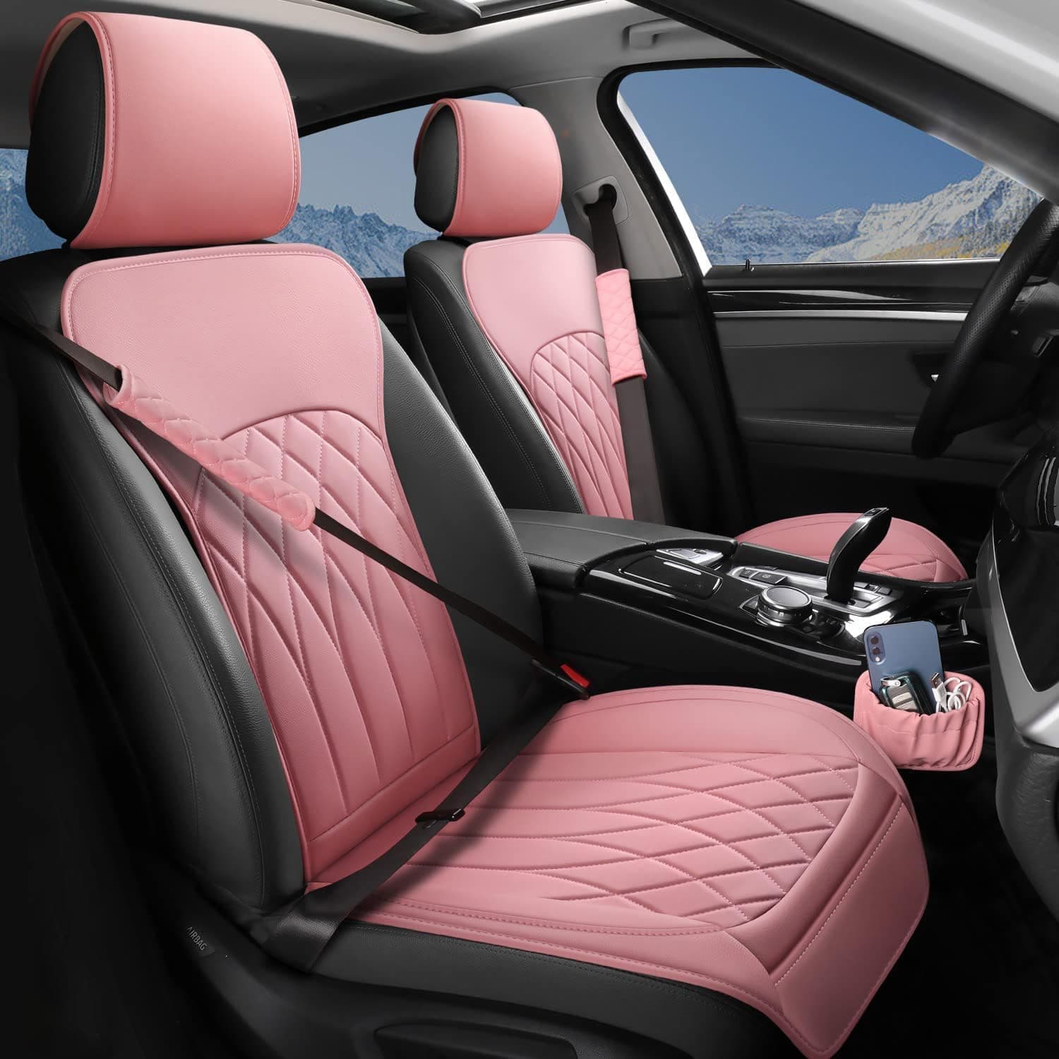 2 Pack Leather Front Car Seat Covers, Universal Sideless Car Seat Protectors with Storage Pocket and Seat Belt Pads, Waterproof Vehicle Seat Cover Automotive Seat Cushions for Cars Trucks SUV(Pink)