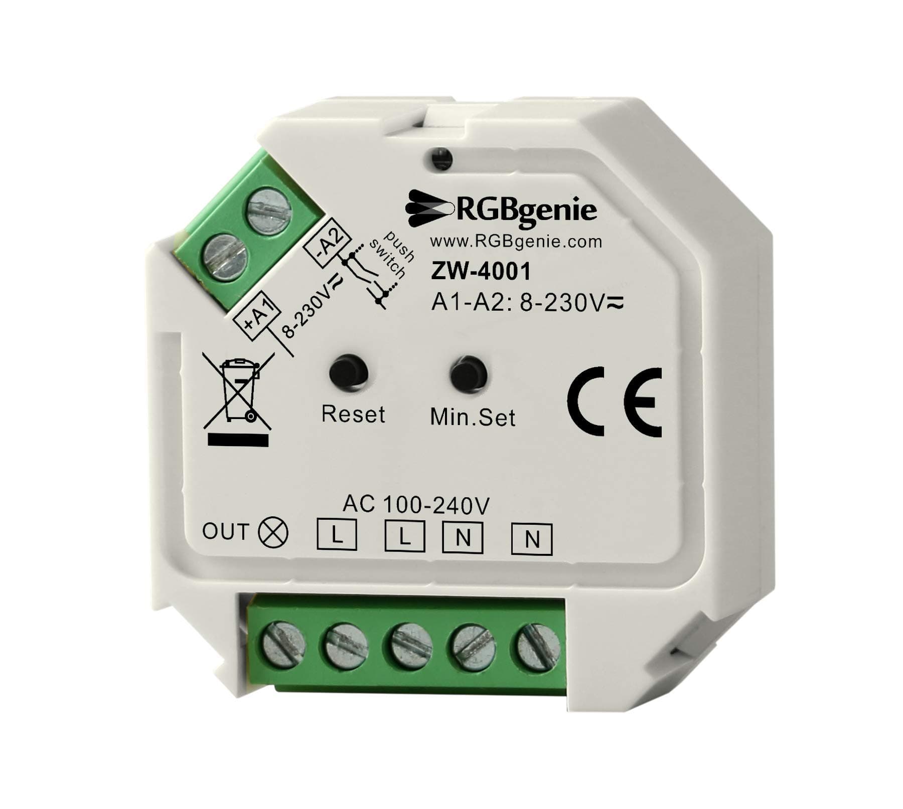 Z-Wave Micro Controller and Lamp Module - Single Channel Trailing Edge Dimmer with Momentary Switch Input. 200 Watts, Z-Wave Plus. RGBgenie ZW-4001