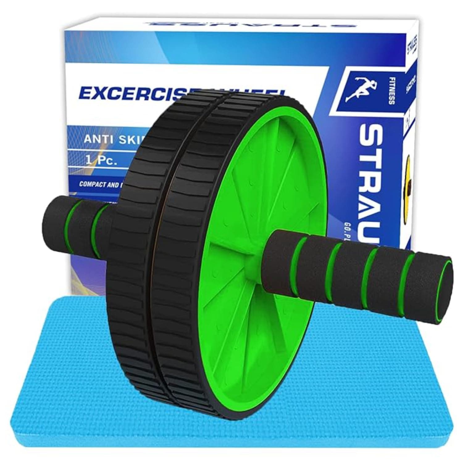 Double Wheel Ab & Exercise Roller | Anti-Skid Wheel Base, Non-Slip Stainless Steel Handles & Knee Mat| Abdominal Exercise Roller Wheel|Exercise Equipment for Home, Gym workout for Abs, (Green)