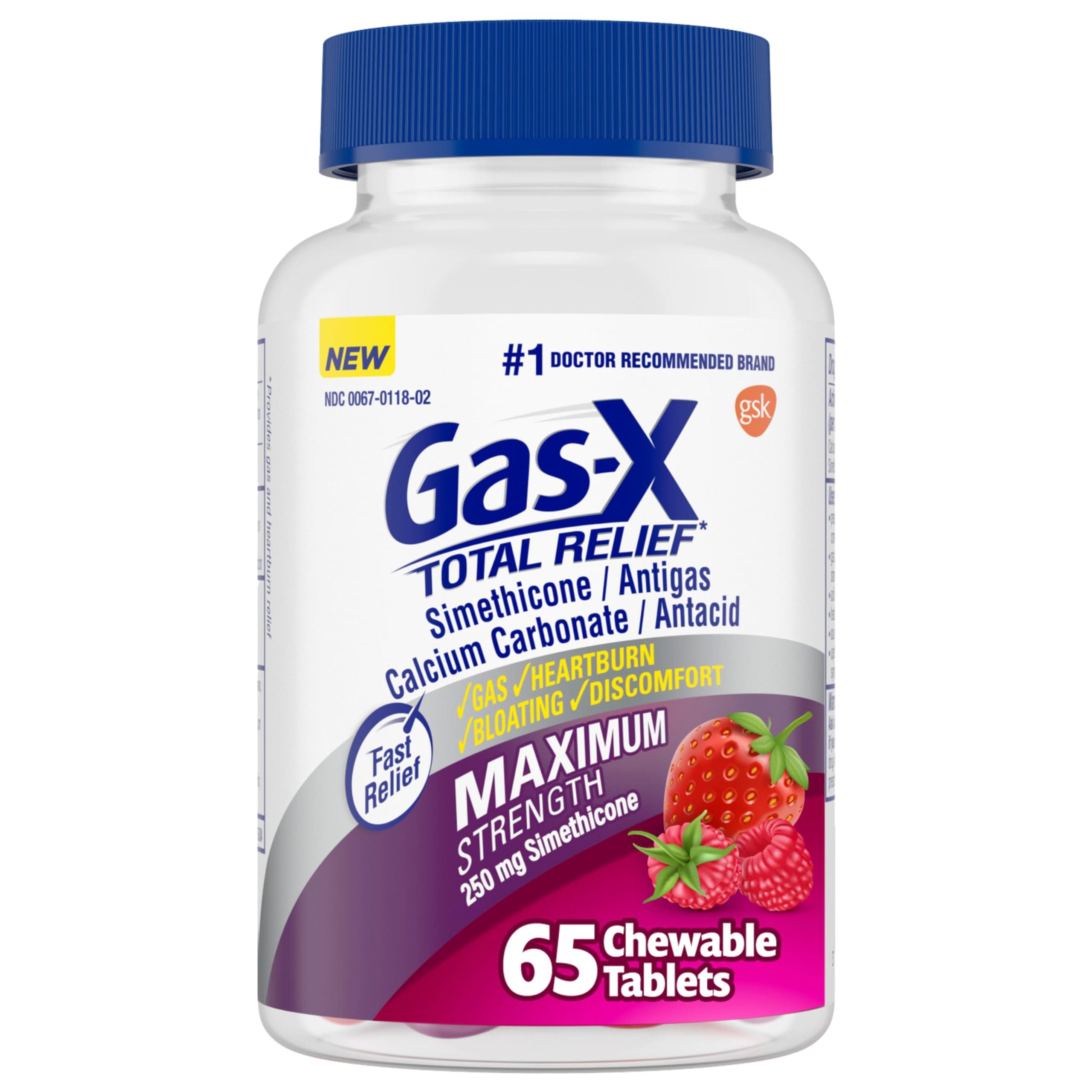 Total Relief Chewable Tablets with Maximum Strength Gas Relief Simethicone 250 mg and Heartburn Relief Calcium Carbonate 750 mg, Bloating Relief, Mixed Berries - 65 Count