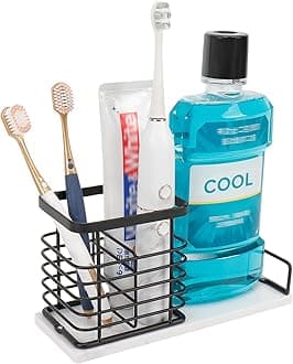 HarJue Toothbrush Holder, Luxurious Metal Toothbrush Toothpaste Holder with Marble Base for Bathroom, Multi-Slots Openwork Design, Bathroom Accessory for Storage and Organizer (Large, Matte Black)