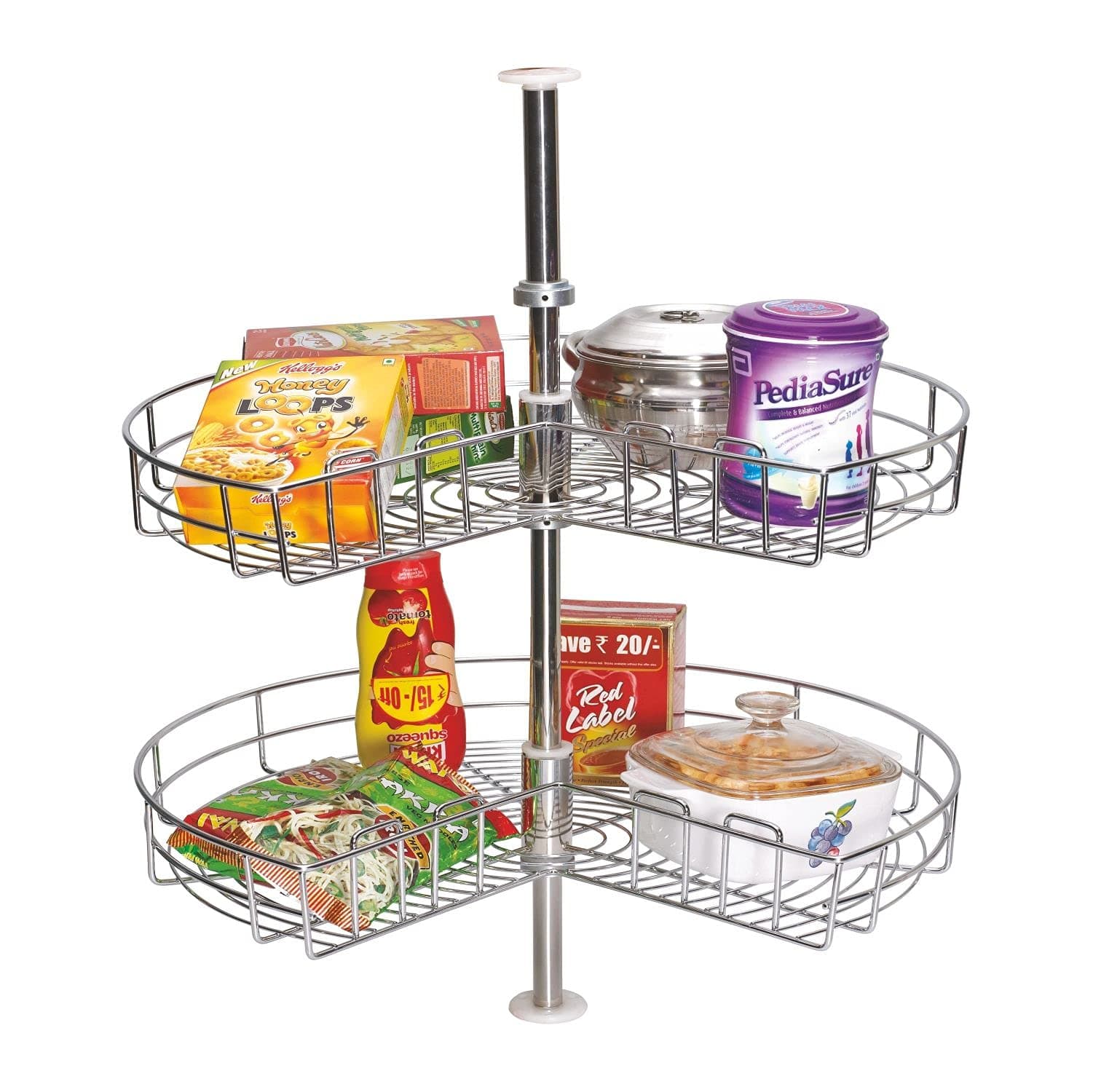 SmartSlide Stainless Steel 2 Shelf Kitchen Corner Cabinet Organizer/Modular Kitchen Basket/Multifunctional Storage Rack/Adjustable Height Kitchen Carousel Unit (Carousel 20 Inch)