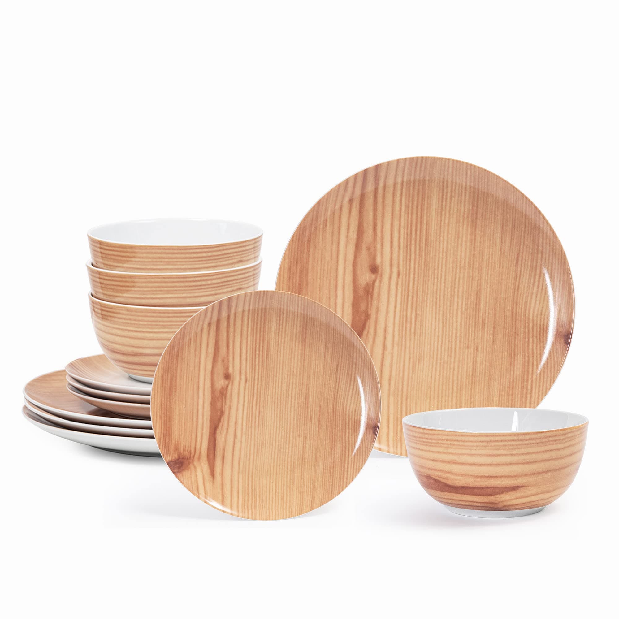 Wooden Pattern Ceramic Dinnerware Sets for 4, Porcelain Plates and Bowls Set, Kitchen Dinnerware Set, Dishwasher, Microwave Safe, Get 2 sets to Service 8