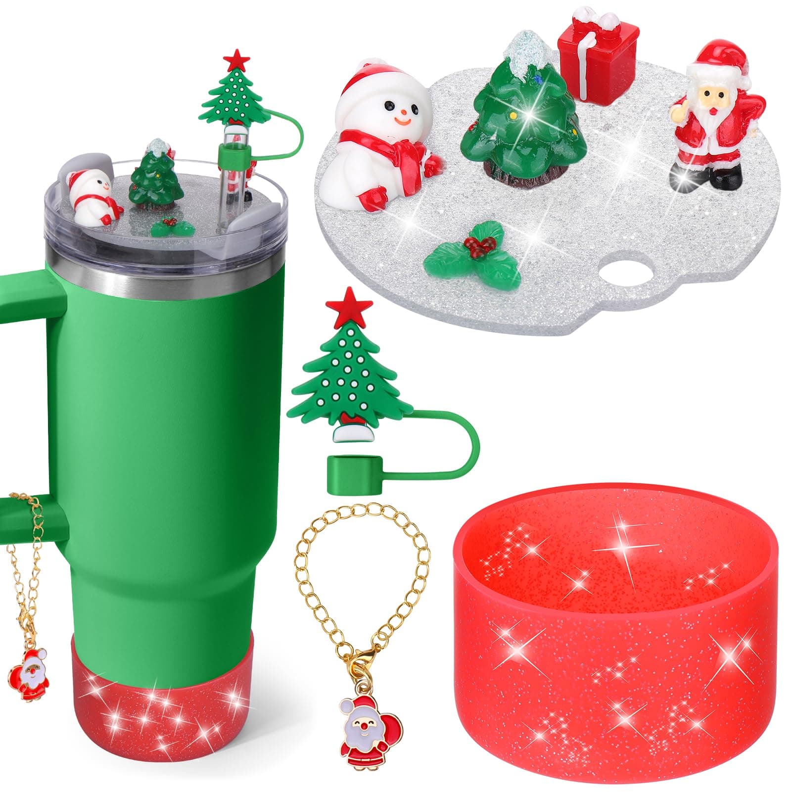 Cup Accessories for Stanley Cup 30oz 40oz,Including Boot, Silicone Straw Topper Cover Cap, Lid Charms for H2.0 Tumbler Accesorios (Christmas) (40OZ)
