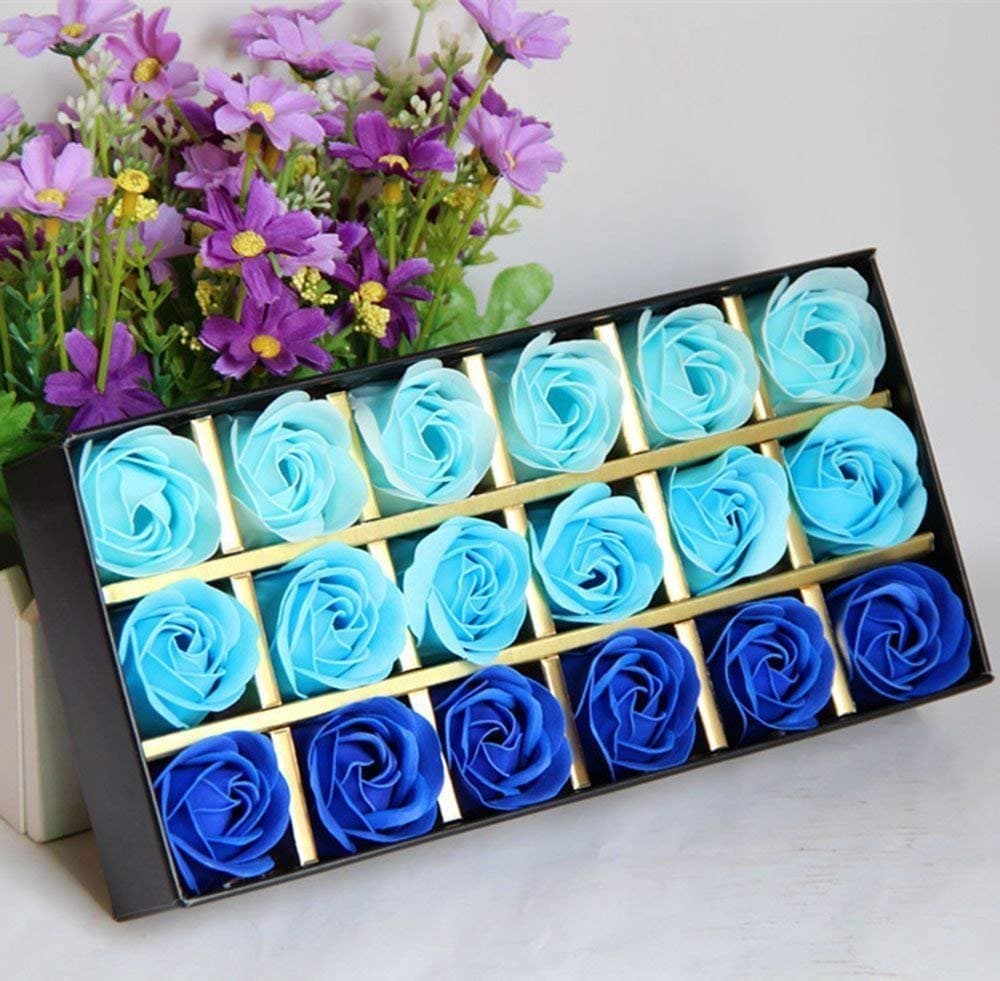 FunRun 18Pcs Handmade Rose Scented Bath Soap Petals Scented Bath Soap Rose Petal in Gift Box(Gradient blue)
