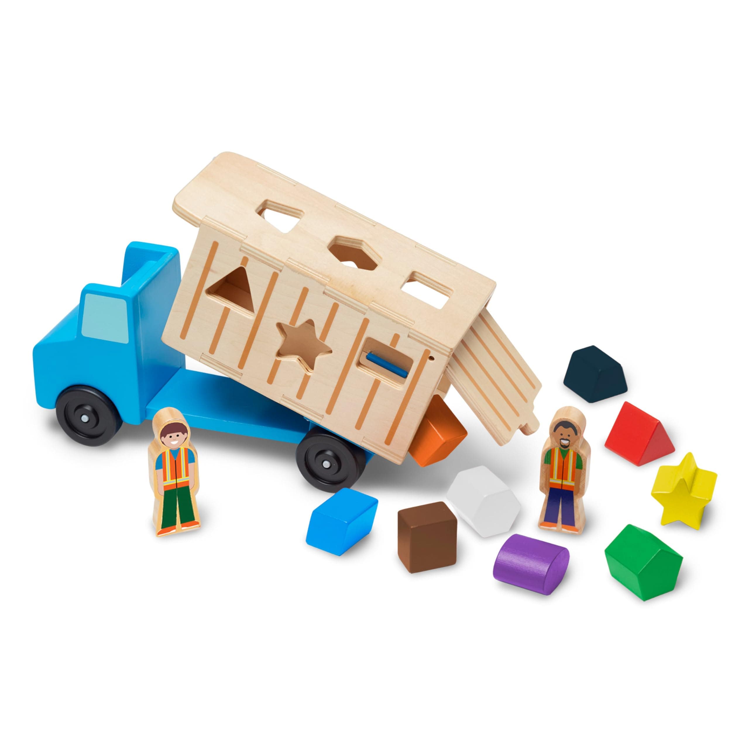 Shape-Sorting Dump Truck Wooden Toy with 9 Blocks and 2 Toy Figures - Montessori Toys and Toddler Toys for Preschool Learning Activities