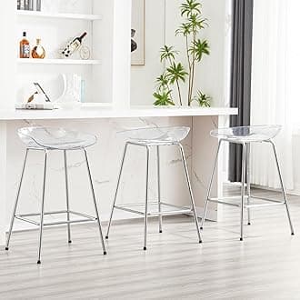 26" Counter Height Bar Stools Set of 3, Modern Backless Barstools with Clear Plastic Seat for Kitchen Island Breakfast Island Stools Bar Chairs, Chrome Metal Legs