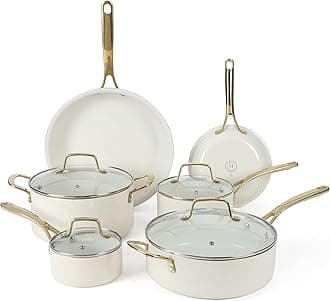 Lockton Nonstick Ceramic Interior 10 Piece Enamel Auminum Cookware Set - Linen w/Gold Handle