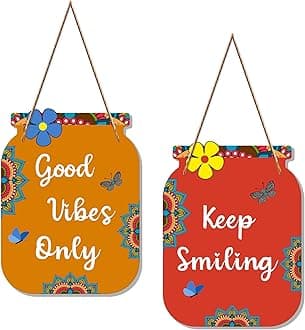 Artvibes Good Vibes Only Quote Decorative Wall Art MDF Wooden Wall Hanger for Living Room | Bedroom | Office | Gift | Wall Hanging For Home Decoration | Home Decor Items (WH_6805N), Set of 2