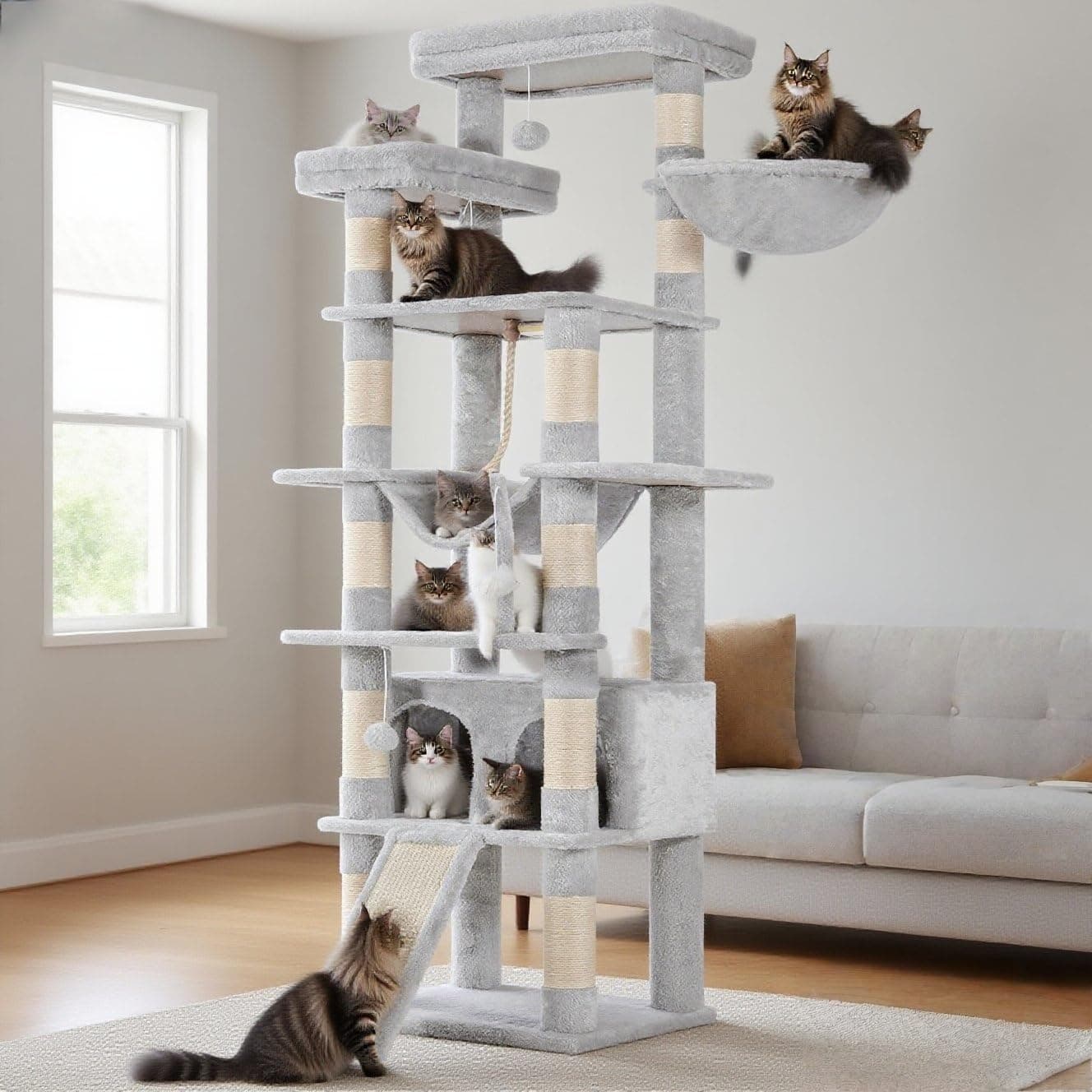 Heybly Tall Cat Tree,78 inch Multi-Level Cat Tower for Indoor Cats,2 Widened Plush Perches Cat Condo with Scratching Board and Big Caves,Light Gray HCT033W