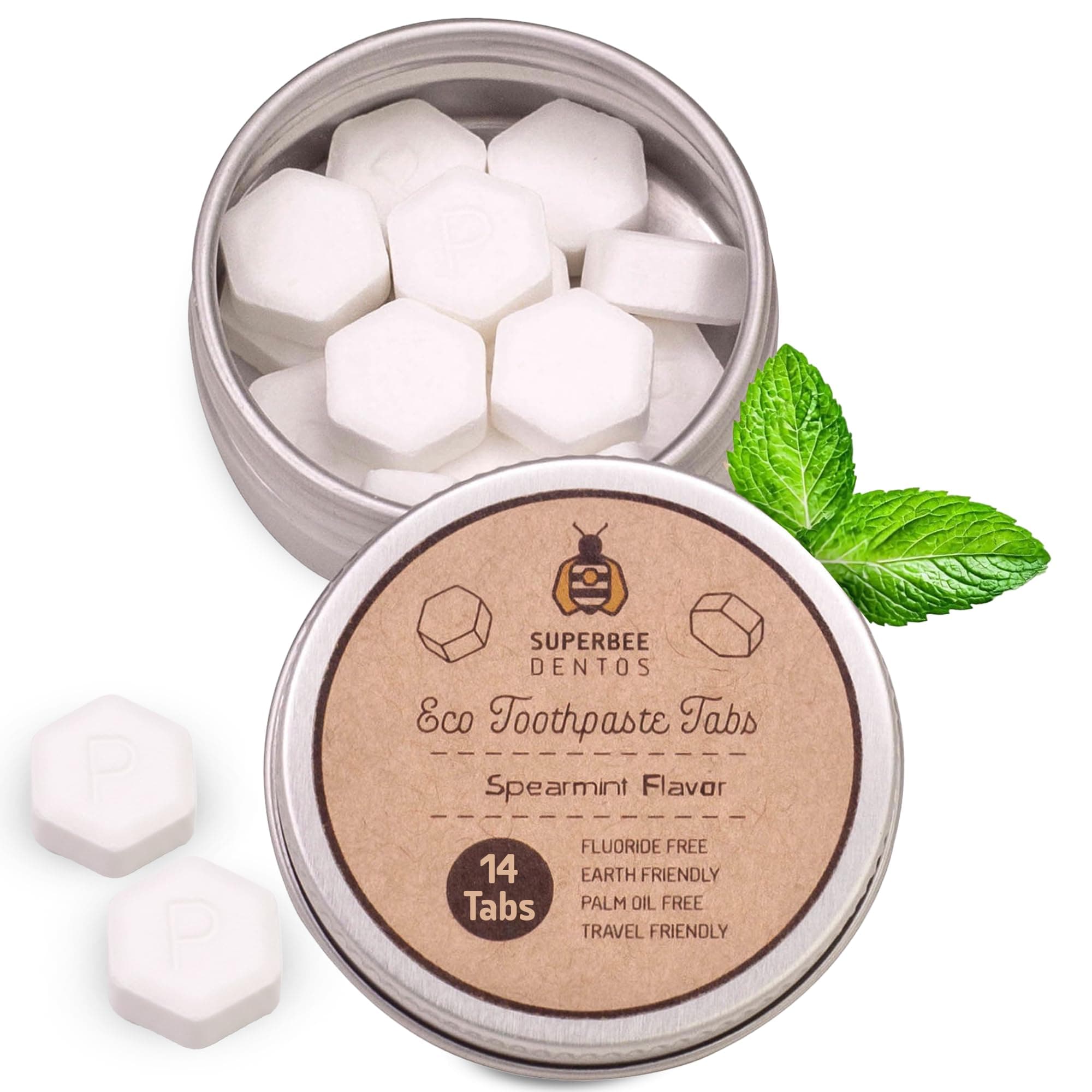 SuperBee Dentos Toothpaste Tablets, 14 Tabs, Fluoride Free & Eco Friendly, Travel Mouthwash Tablets, Sensitive Bites Kids Adults, Chewable Tablet, Spearmint