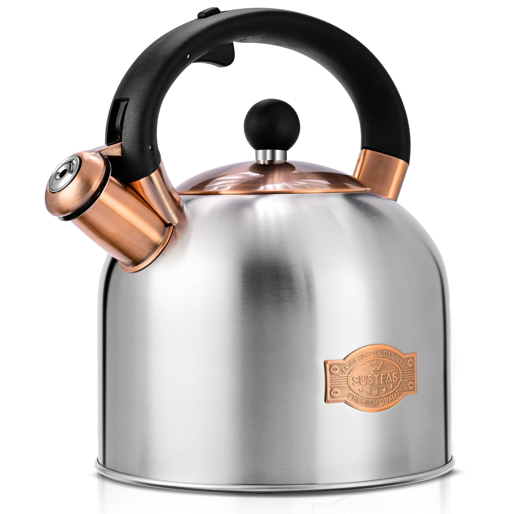 SUSTEAS Tea Kettle - 3.17QT Whistling Kettle with Ergonomic Handle - Premium Stainless Steel Tea Pots for Stove Top, Chic Vintage Teapot with Composite Base, Work for All Stovetops (Silver)