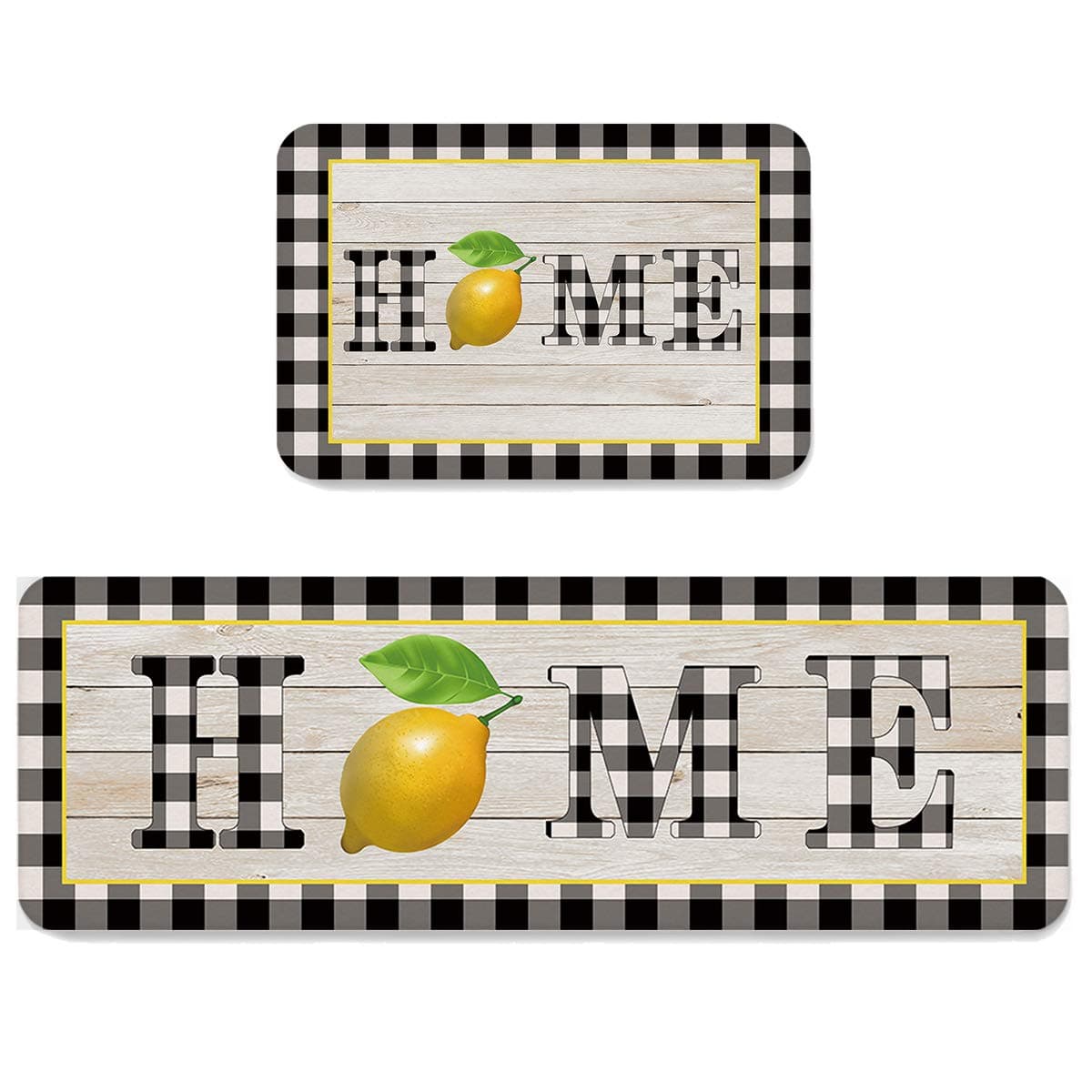 Kitchen Mats 2 Piece Non Slip Area Runner Rug Set, Super Soft Comfort Standing Mat Home Word with Lemon Fruit Floor Doormat Washable Carpet Black Gray Buffalo Plaid