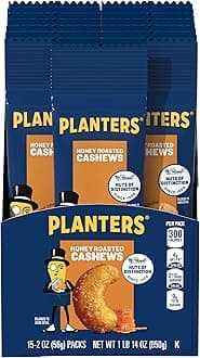 PLANTERS Deluxe Honey Roasted Whole Cashews, Party Snacks, Plant-based Protein, 2 oz Bags (Pack of 15)