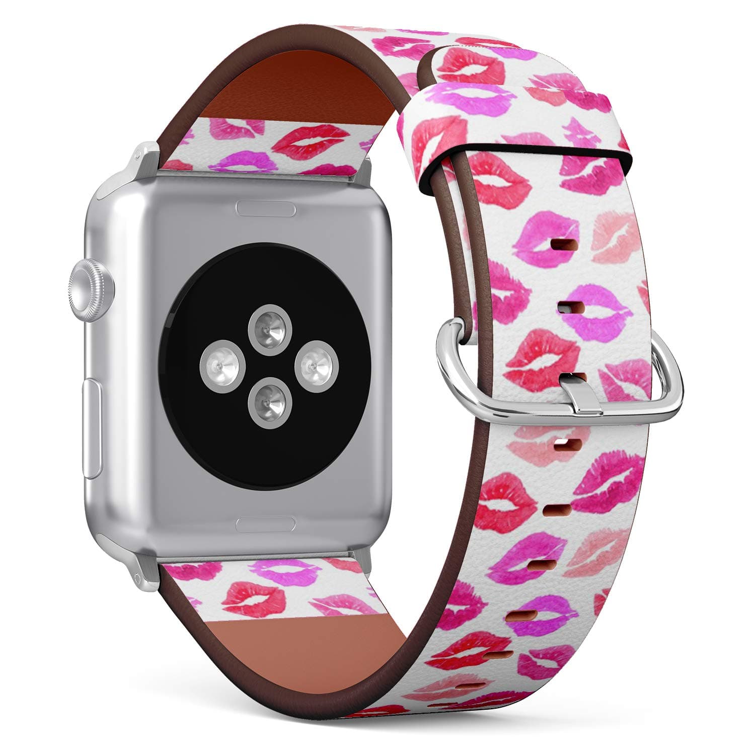 Compatible with Apple Watch Series 7/6/5/4/3/2/1 (Big Version 42/44/45 mm) Leather Wristband Bracelet Replacement Accessory Band + Adapters - Pink Print Kiss Lipmark Lipstick