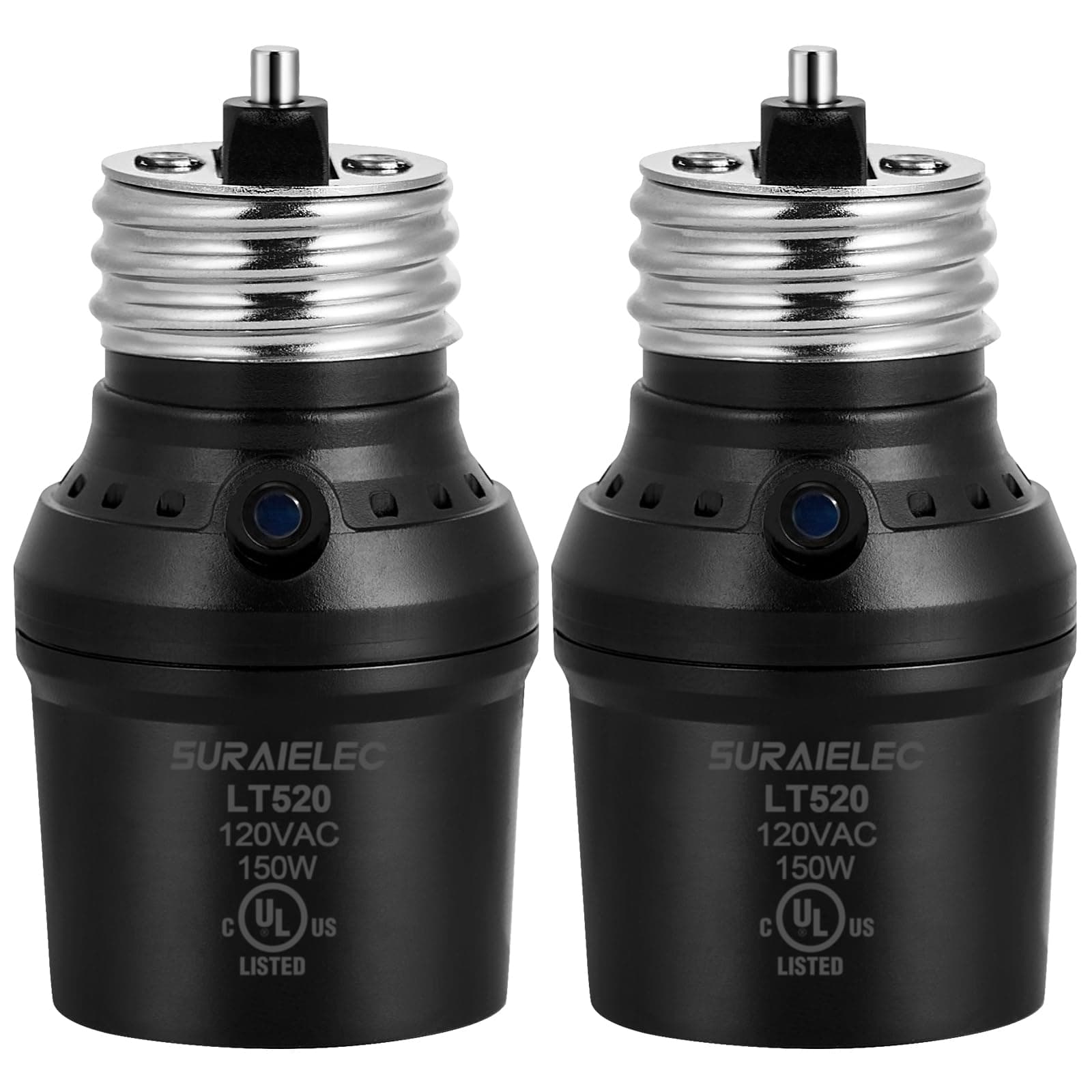 Suraielec Light Sensor Socket, Auto Dusk to Dawn Light Socket, 360° Sensor Rotation, E26 E27 Bulb Base Adapter for Outdoor Lighting, UL Listed, Black, Pack of 2