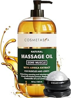 Cosmetasa Sore Muscle Massage Oil with Massage Ball Roller - Soothes Muscle and Joint Pain with Arnica Extract, Peppermint, Chamomile, and Lavender Oil