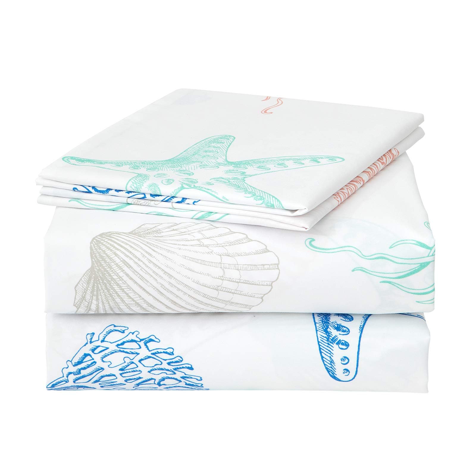 JSD Beach Theme Kids Printed Sheet Set Twin Deep Pocket, 3 Piece Soft Starfish Jellyfish Summer Cool Microfiber Bed Sheets