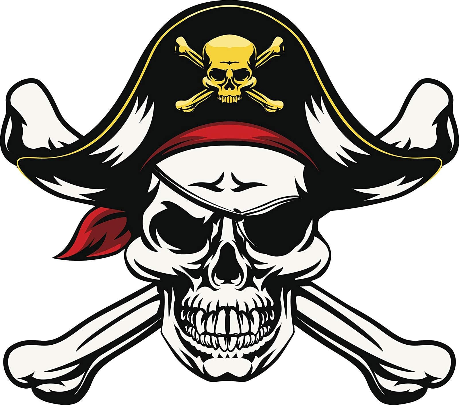 Pirate Skull and Crossbone with Eye Patch and Captain Hat Vinyl Decal Bumper Sticker (8" Wide)