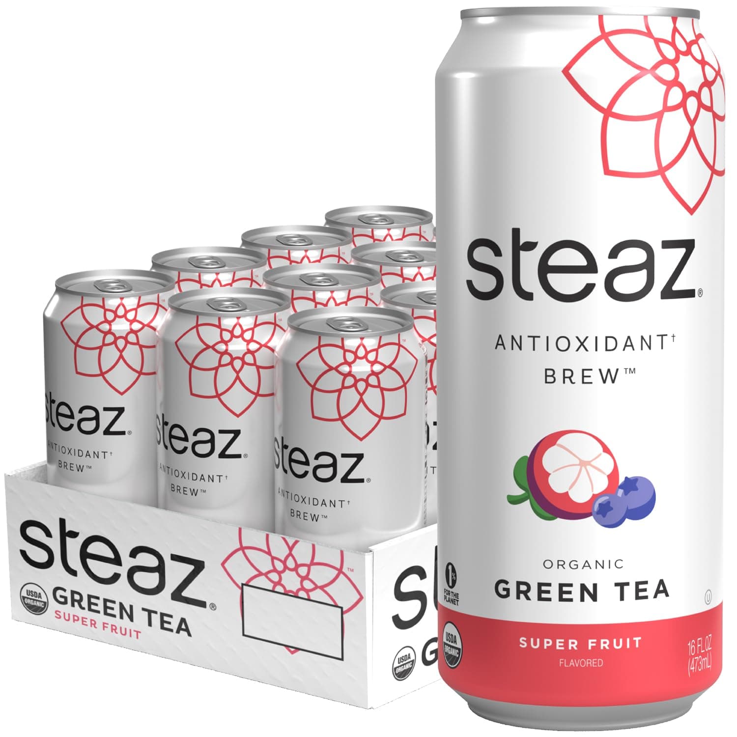 Organic Green Tea - Superfruit (12 Pack) - Antioxidant Brew - 65mg Natural Caffeine, 90 Calories, Vitamin C - Cane Sugar Sweetened Iced Tea - Vegan, Fair Trade - 12 Cans, 16 fl oz (473mL)