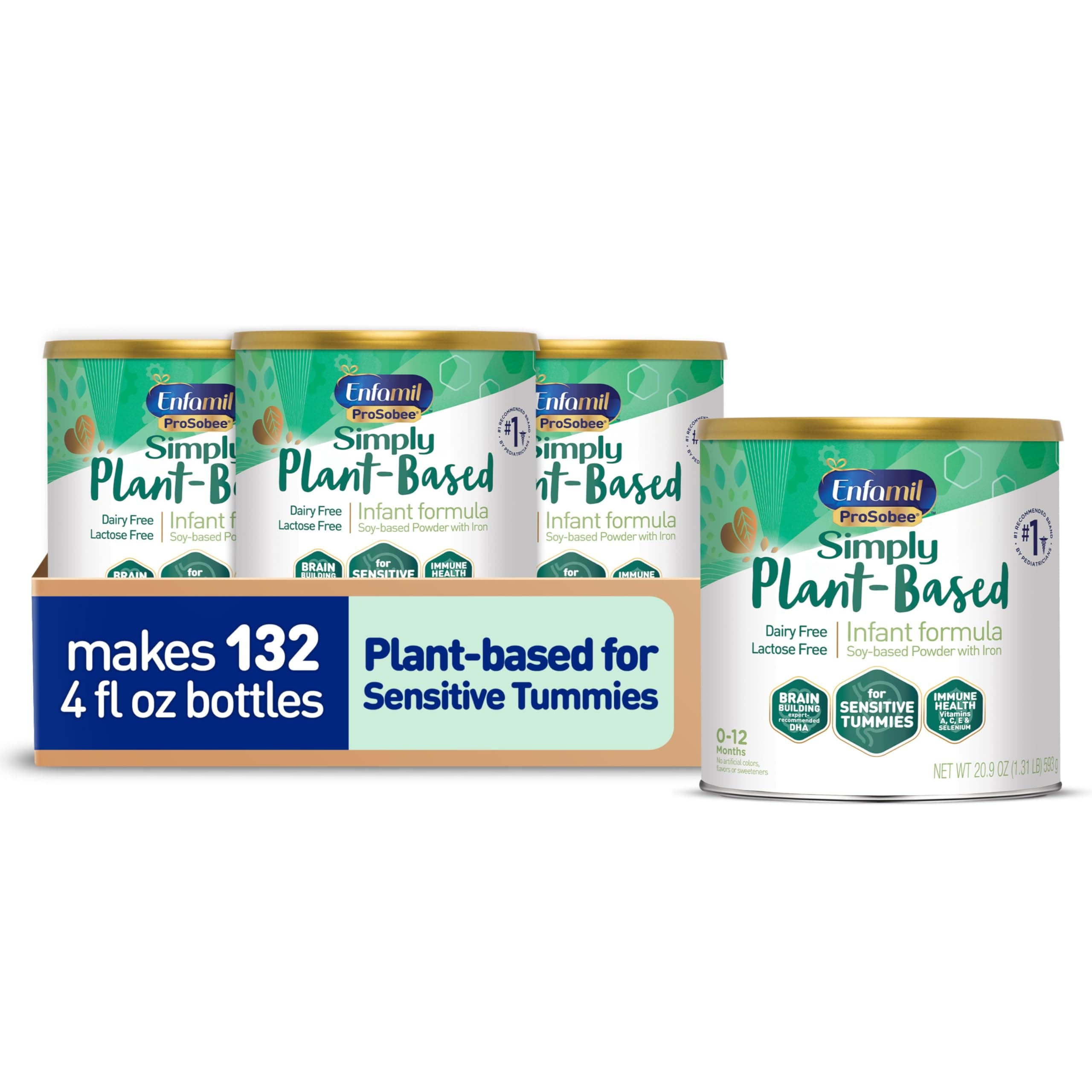 Prosobee Plant based Baby Formula, for Sensitive Tummies, Soy-based Plant Sourced Protein, Vitamins for Immune Support, Lactose-free, Milk free, Gluten free, 20.9 Oz Can, 4 Count