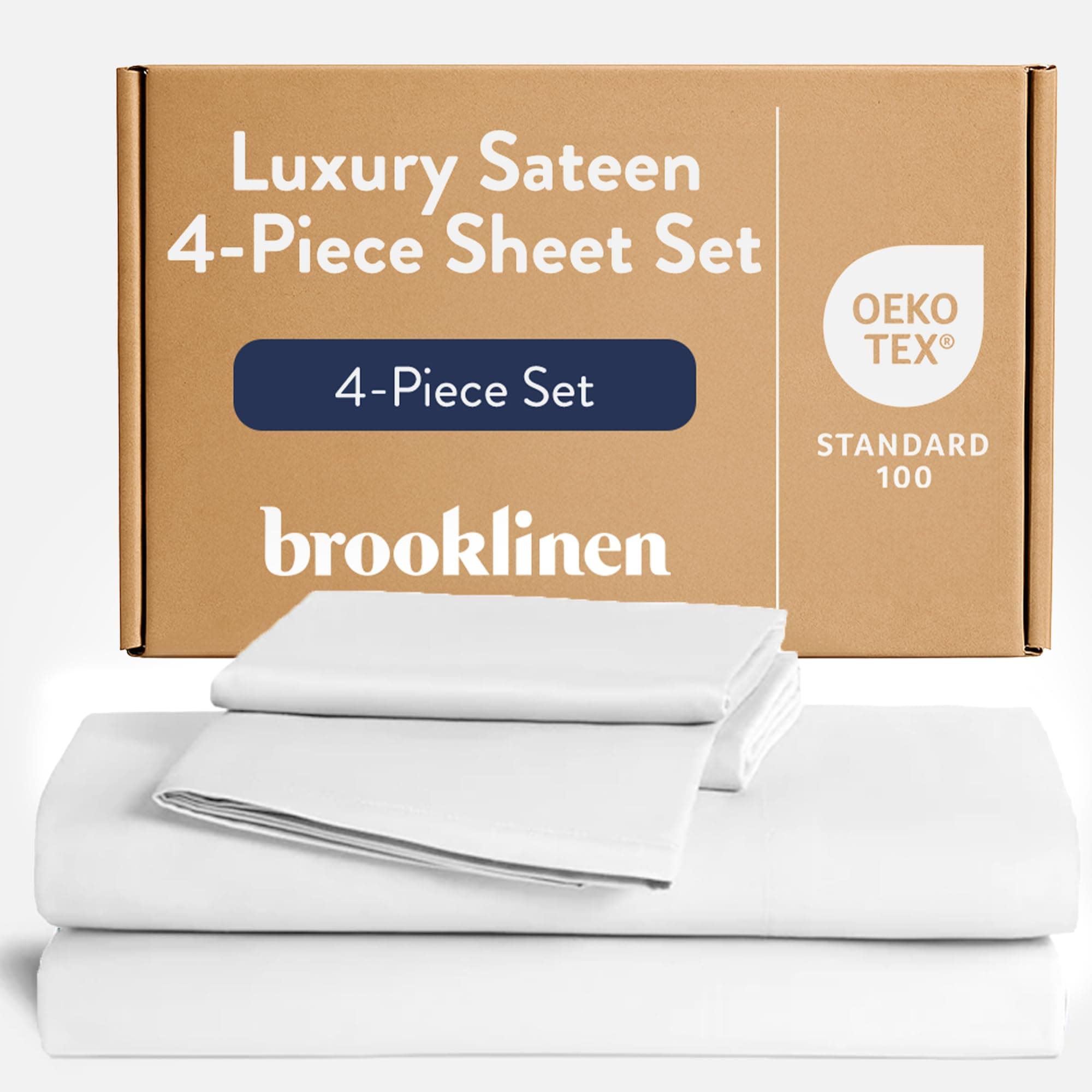 Luxury Sateen 4 Piece Sheet Set - 100% Cotton Bed Sheets, Soft & Durable Piece King Size Sheets Set in White, Oeko-TEX Certified Bedding Set, 1 Fitted Sheet, 1 Flat Sheet, 2 Pillowcases