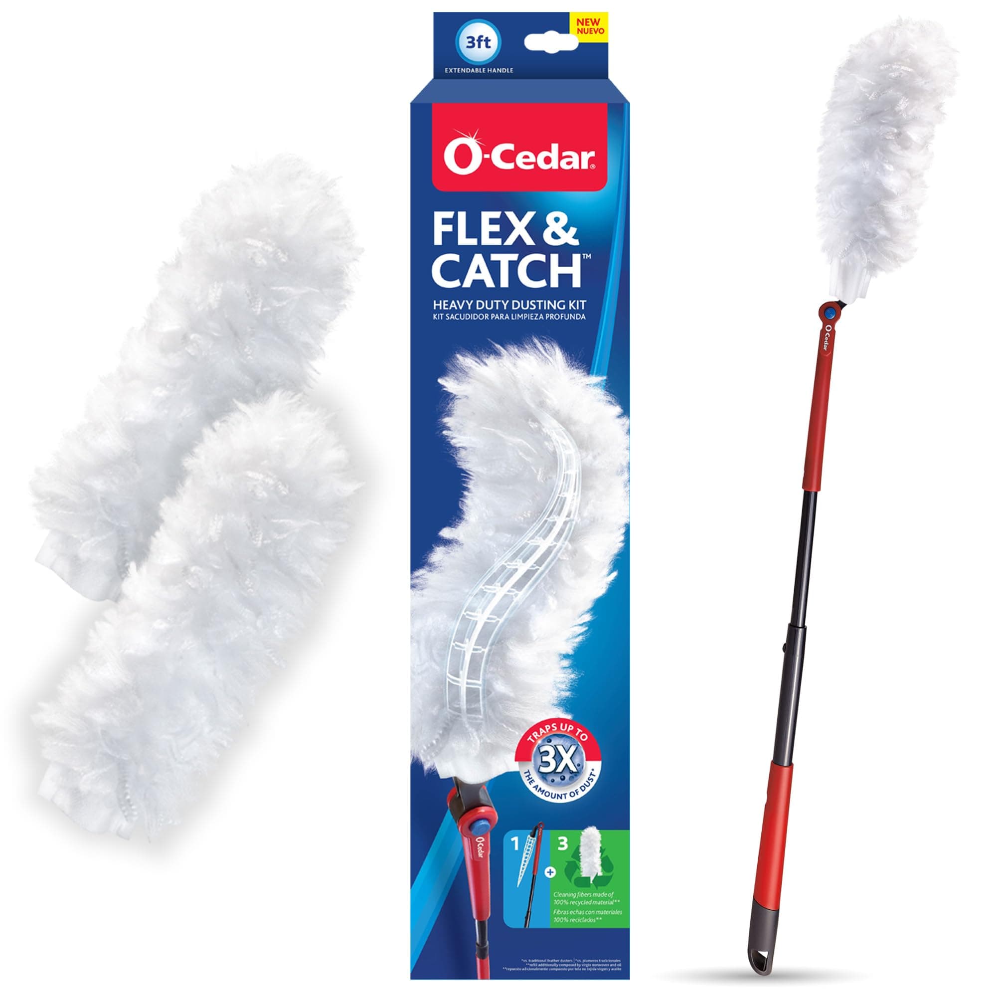 O-CedarFlex & Catch Heavy Duty Dusting Kit with 3 Disposable Duster Refills | Extendable 3 Ft Handle with Stay-On Duster Hook | Traps 3X More Dust Than Feather Dusters