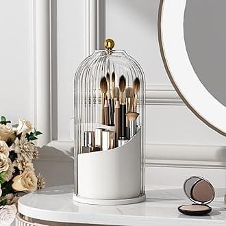 Makeup Brush Holder with Lid 360 Rotating Clear Dustproof Make Up Organizers for Vanity Bathroom Countertop, Transparent | with Lid, 360 Rotating, Dustproof