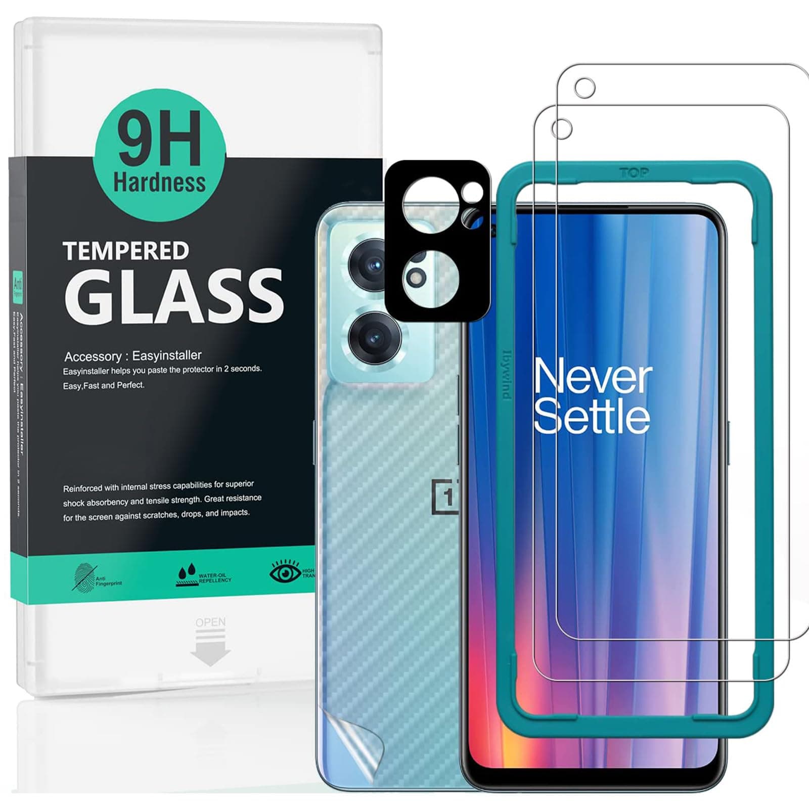 [Pack of 2] Screen Protector for Oneplus Nord CE 2 5G 6,43",with Metal Camera Lens Protector,Back Carbon Fiber Skin Protector,Including Easy Install Kit