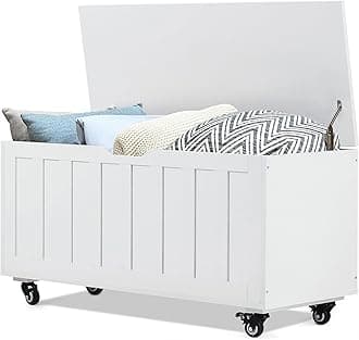 EvajoyStorage Chest, 39.4'' Wooden Storage Bench with 4 Wheels, Shoe Bench with 2 Safety Hinges, Retro Toy Box Organizer Support 300 lbs for Bedroom, Living Room, Easy Assembly, White