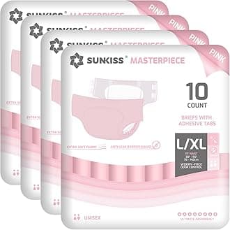 SUNKISS Masterpiece Adult Diapers with Ultimate Absorbency, Unisex Disposable Incontinence Briefs with Tabs for Women and Men, Odor Control, Pink, L/XL, 40 Count (4 Packs of 10)