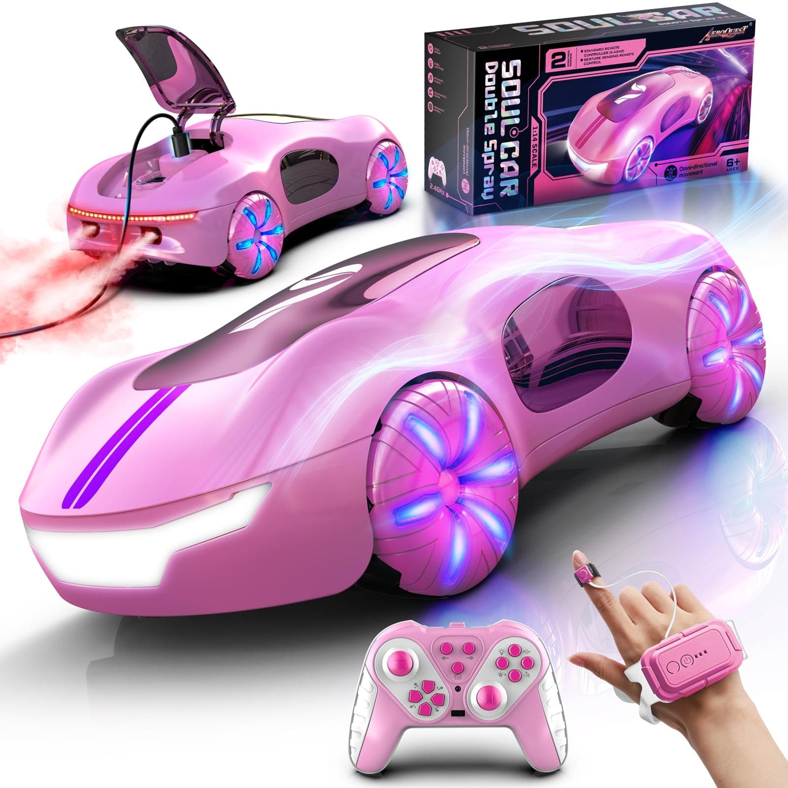 - Gesture Sensing Remote Control Car, Drift RC Stunt Car with Light Spray & Sound, 2.4GHz Hobby RC Cars Toy for Kids, 360° Rotate, Birthday Gifts for Boys Girls 6-12（Pink）