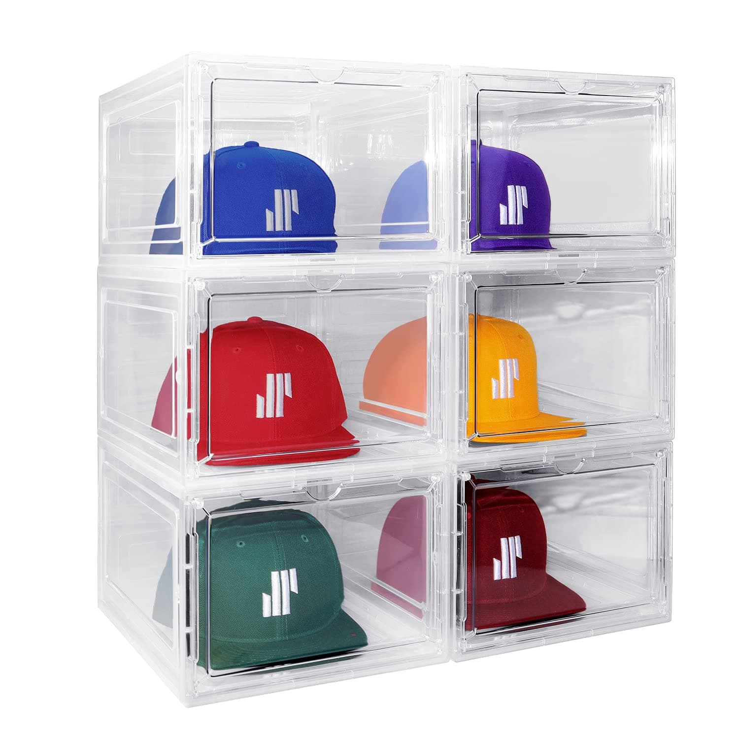 Modern JPHat Organizer for Baseball Caps (6-Pack) - Transparent Hat Display, Premium Hat Storage Box - Quick Assembly Hat Rack Design with Easy Access Magnet Door, Clear
