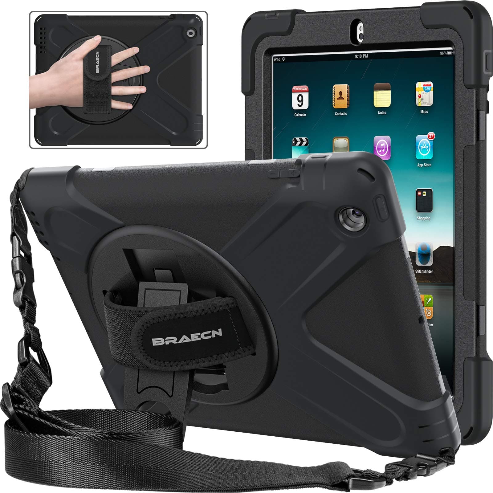 BRAECNstock for Apple iPad 4th/3rd/2nd Generation Case - 9.7 Inch Shockproof Protective Kids Case with Screen Protector, 360 Rotating Stand + Hand/Shoulder Strap for iPad 2/3/4 (A1458) - Black