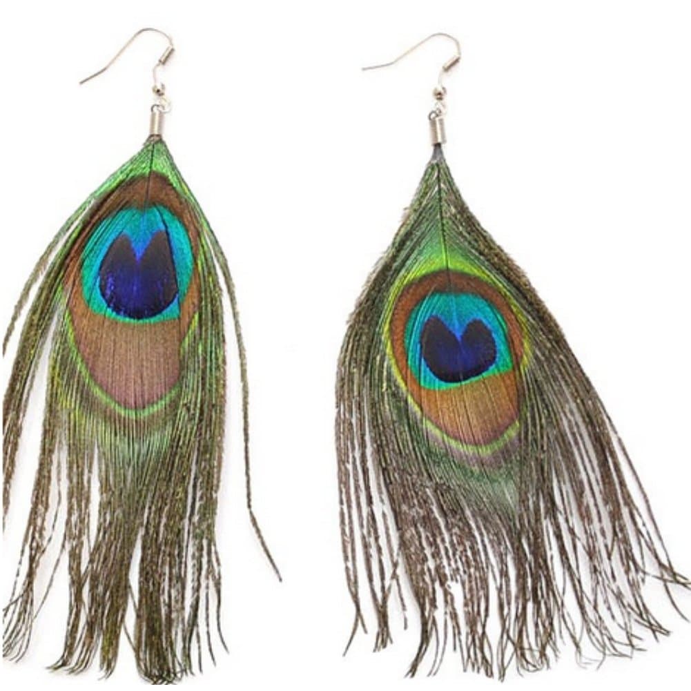 JUSTFOX Peacock Feather Boho Drop Earrings - 1 Pair