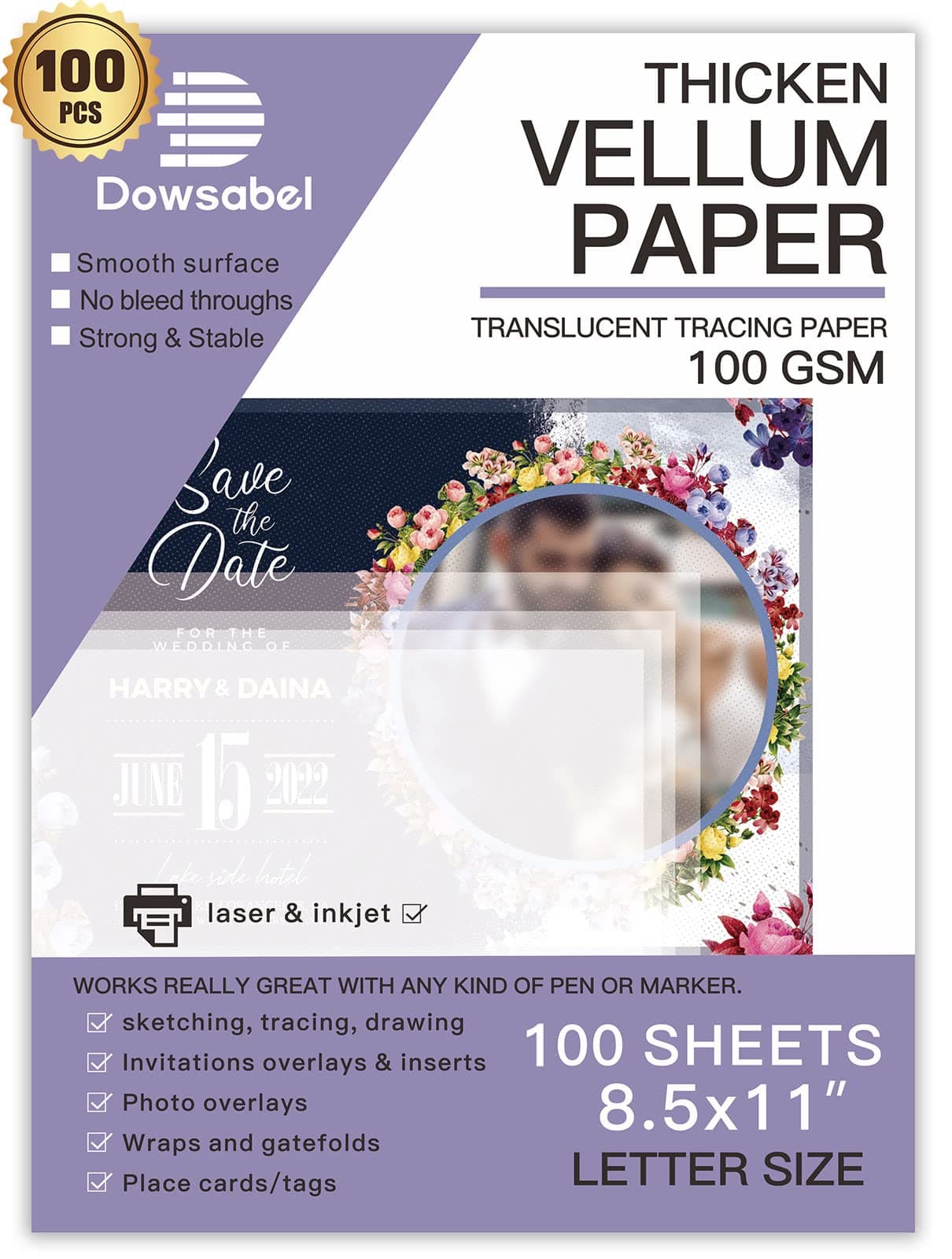 100 Sheets Translucent Vellum Paper, Dowsabel 68LBS 8.5 x 11 inches Printable Vellums for Card Overlays, Invitations Belly Bands, Envelope, Lantern,100 Sheets