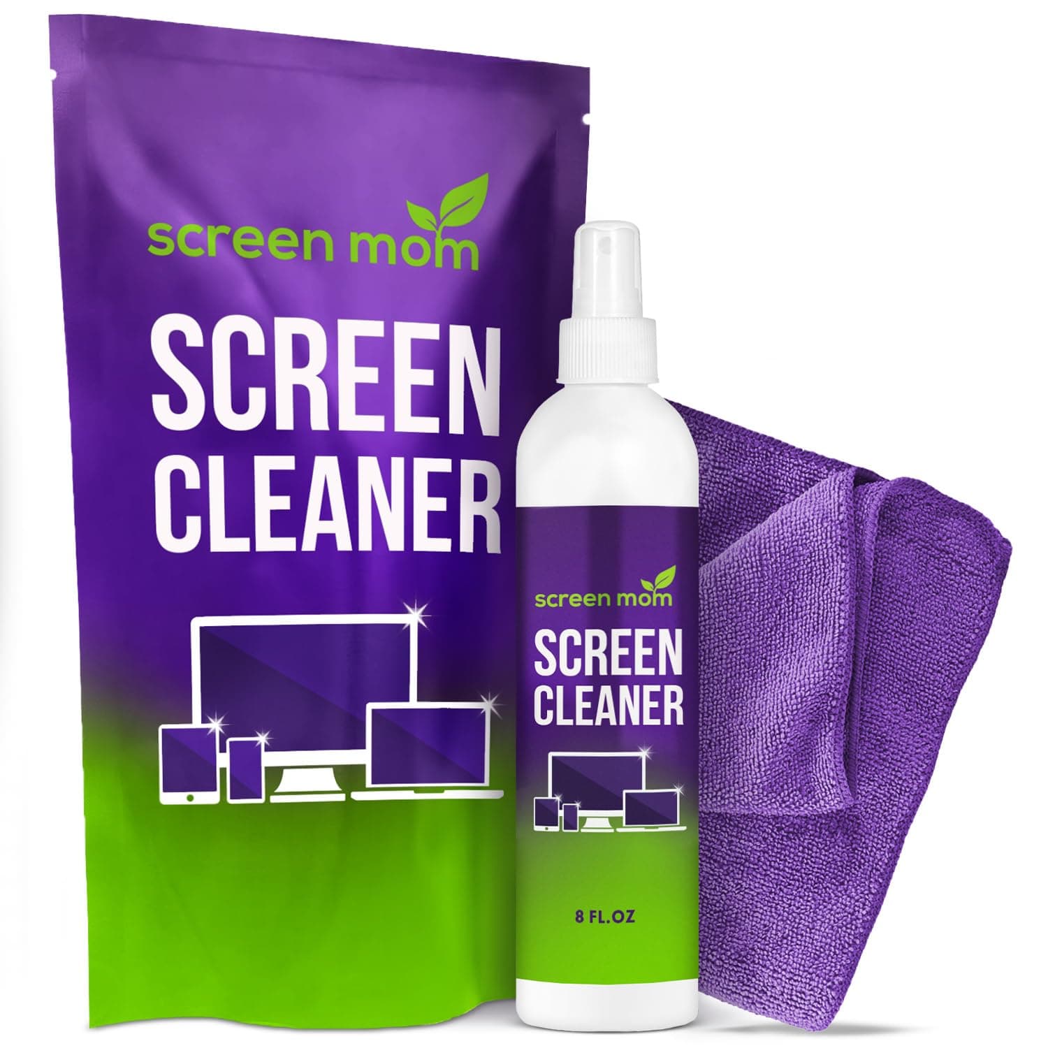 Screen Mom Screen Cleaner Kit - Best for LED & LCD TV, Computer Monitor, Phone, Laptop, and iPad Screens – Includes 8oz (225ml) Spray Bottle and Large Premium Microfiber Cloth