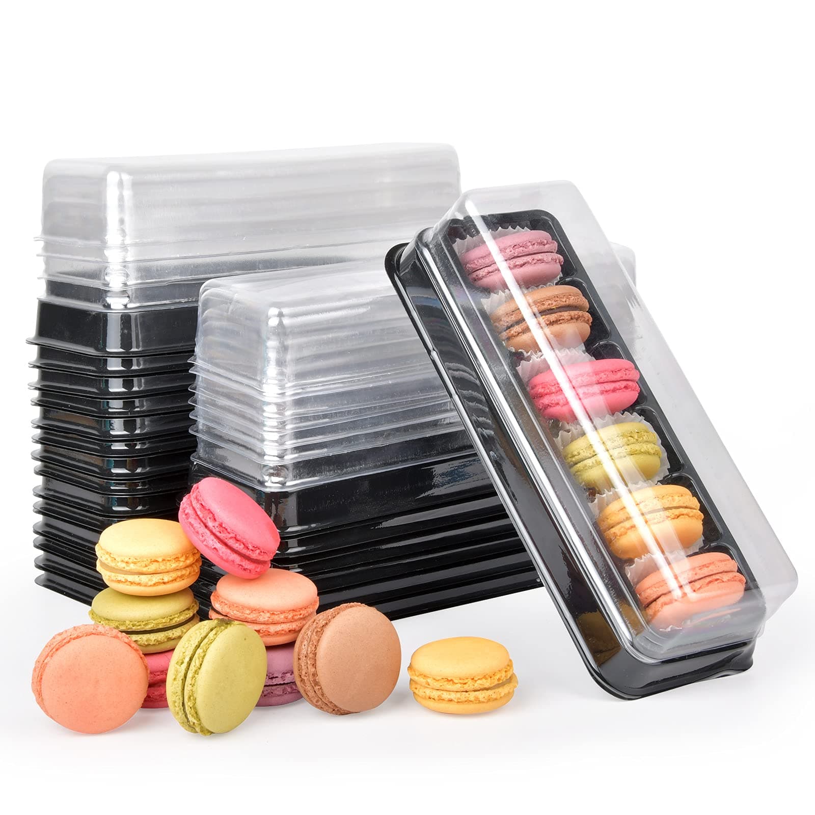 Macaron Boxes with Clear Lids,50-Pack Macaroons Container Gift Packaging Box with 6 Grid,7.6'' x 2.8'' x 1.9'' Plastic Cake Trays for Chocolate,Desserts Mini Cupcakes,Cookies or Muffins