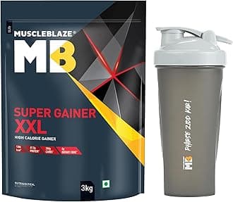 MuscleBlaze Super Gainer XXL Powder, Chocolate (30 Servings, 3kg / 6.6lbs) with Shaker| Pack of 2 | 15g Protein, 75g Carbs Per Scoop | Muscle Mass High Protein Gainer