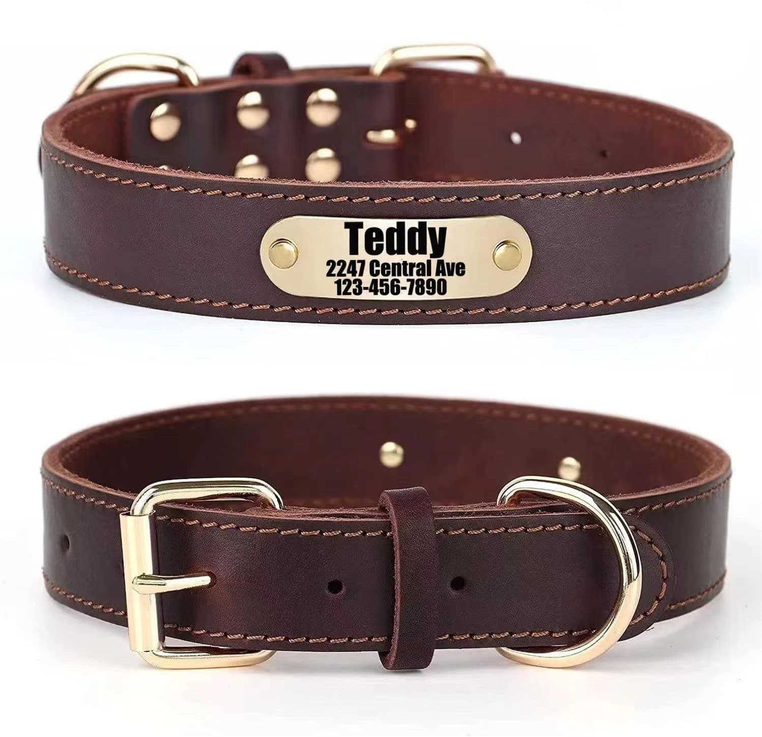 Personalized Custom Real Genuine Leather Dog Collar with Engraved Name Phone number/Heavy Duty Durable Adjustable Dog Collars for Male Female X-small Medium Large X-large Dogs-Brown/S